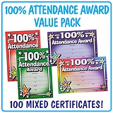 100 Holographic Attendance 100% Award Certificates - A5