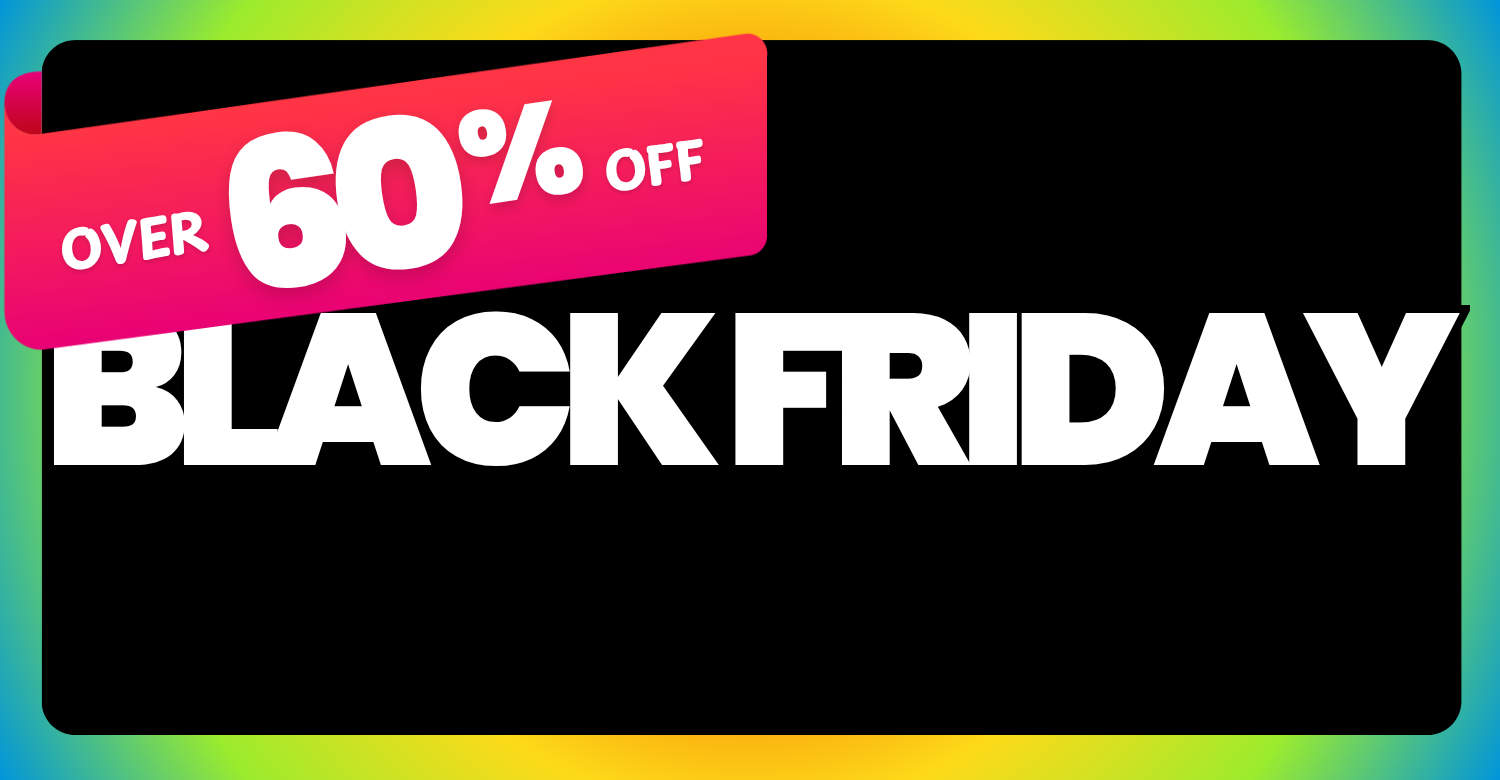 Black Friday sale banner with over 60% off text on a colorful background