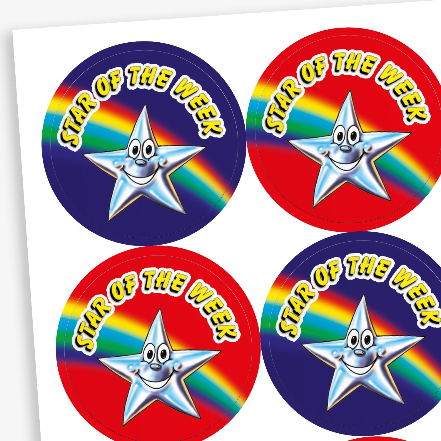Sheet of 25mm round 'Star of the Week' stickers featuring a smiling silver star character set against various vibrant backgrounds, including red, blue, and purple, with rainbow accents; designed to celebrate and motivate pupils for outstanding achievements