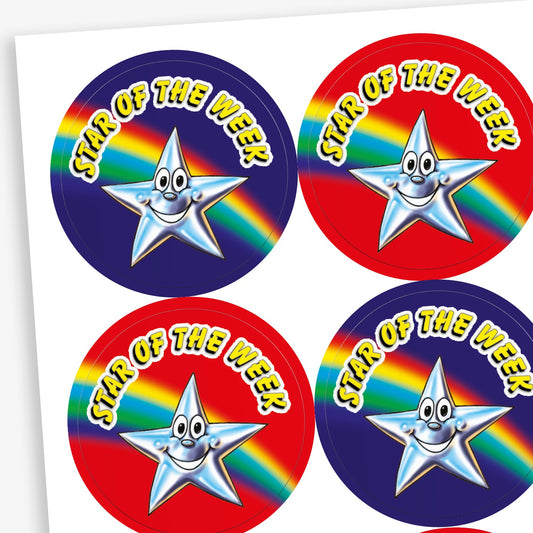 Sheet of 25mm round 'Star of the Week' stickers featuring a smiling silver star character set against various vibrant backgrounds, including red, blue, and purple, with rainbow accents; designed to celebrate and motivate pupils for outstanding achievements