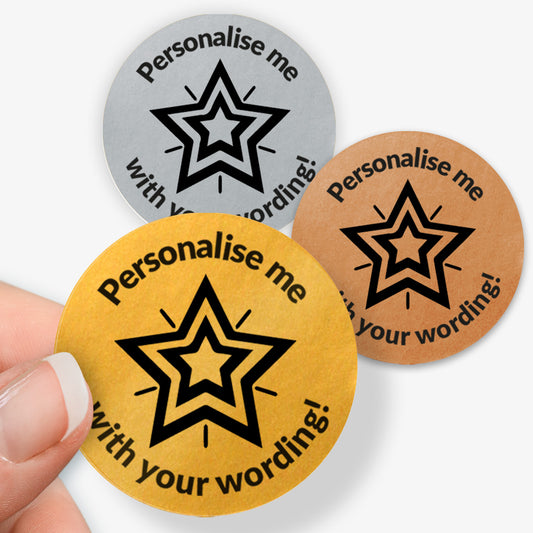 Three round stickers (gold, silver and bronze) with star designs and text 'Personalise me with your wording!' on a white background.