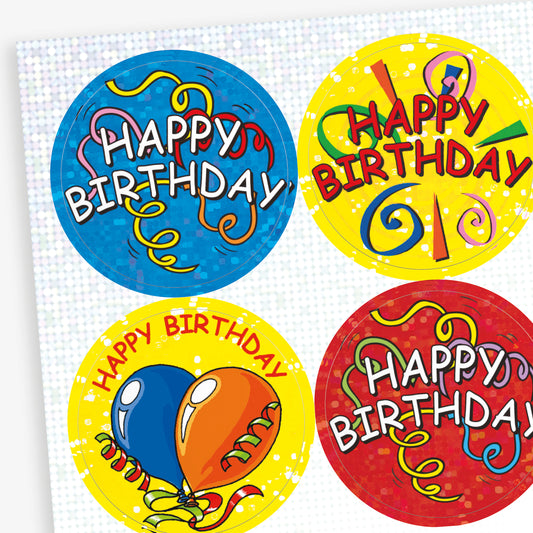 Holographic Happy Birthday Stickers - 37mm