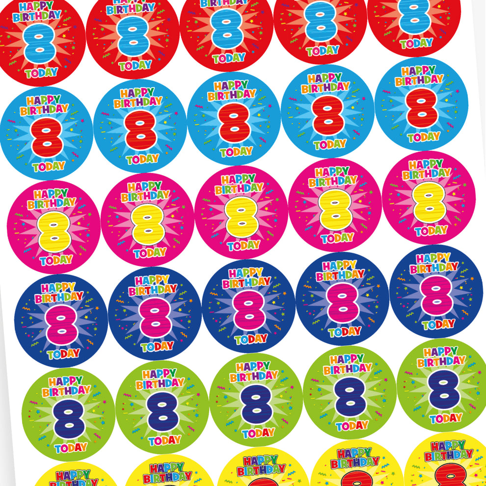 Eighth Birthday Stickers | Happy Birthday 8 Today | 37mm