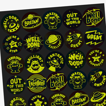 35 Glow In The Dark Space and Aliens Stickers - 37mm