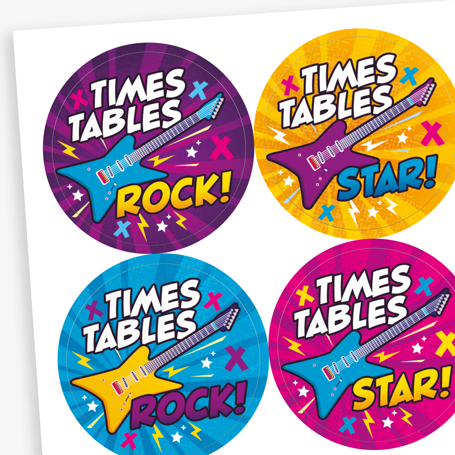 Colorful stickers with 'Times Tables Rock!' and 'Times Tables Star!' text and guitar graphics.