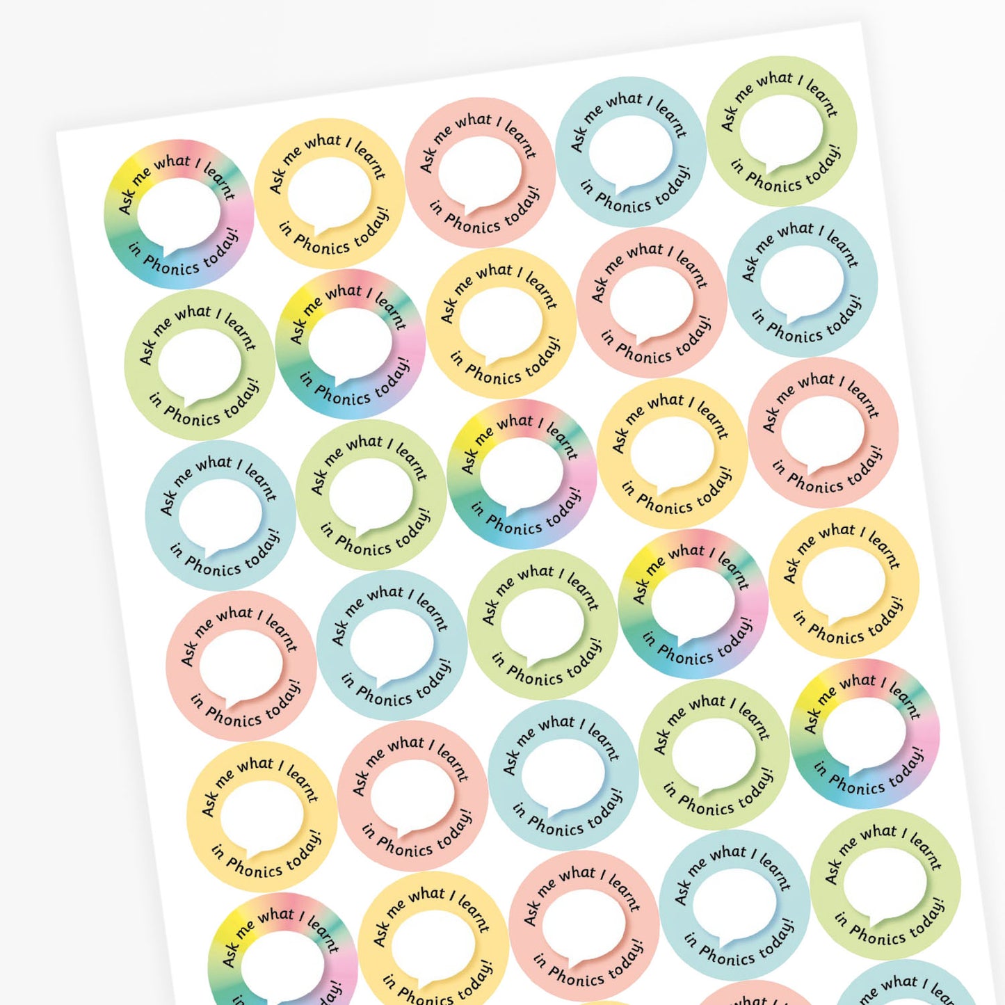 Sheet of colorful circular stickers with text on a white background