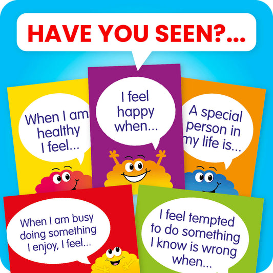 A selection of colourful cards designed to prompt conversations and self-reflection in children. Each card features a speech bubble with a sentence starter, such as 'When I am healthy I feel...', 'I feel angry when...', 'A special person in my life is...', 'I feel happy when...', and 'Sharing is good because...'. The cards are in bright colours like yellow, purple, orange, and blue, and each has a smiling cartoon cloud character.