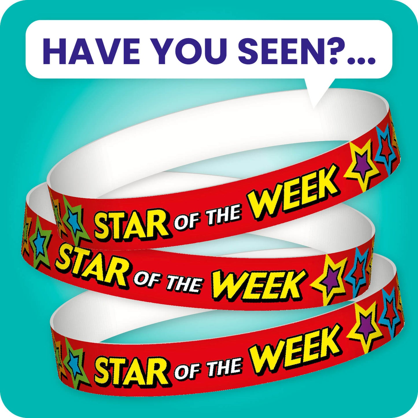 A set of ten red wristbands featuring the phrase 'STAR OF THE WEEK' in bold white and yellow letters, with multicoloured stars on the remaining wristband space.