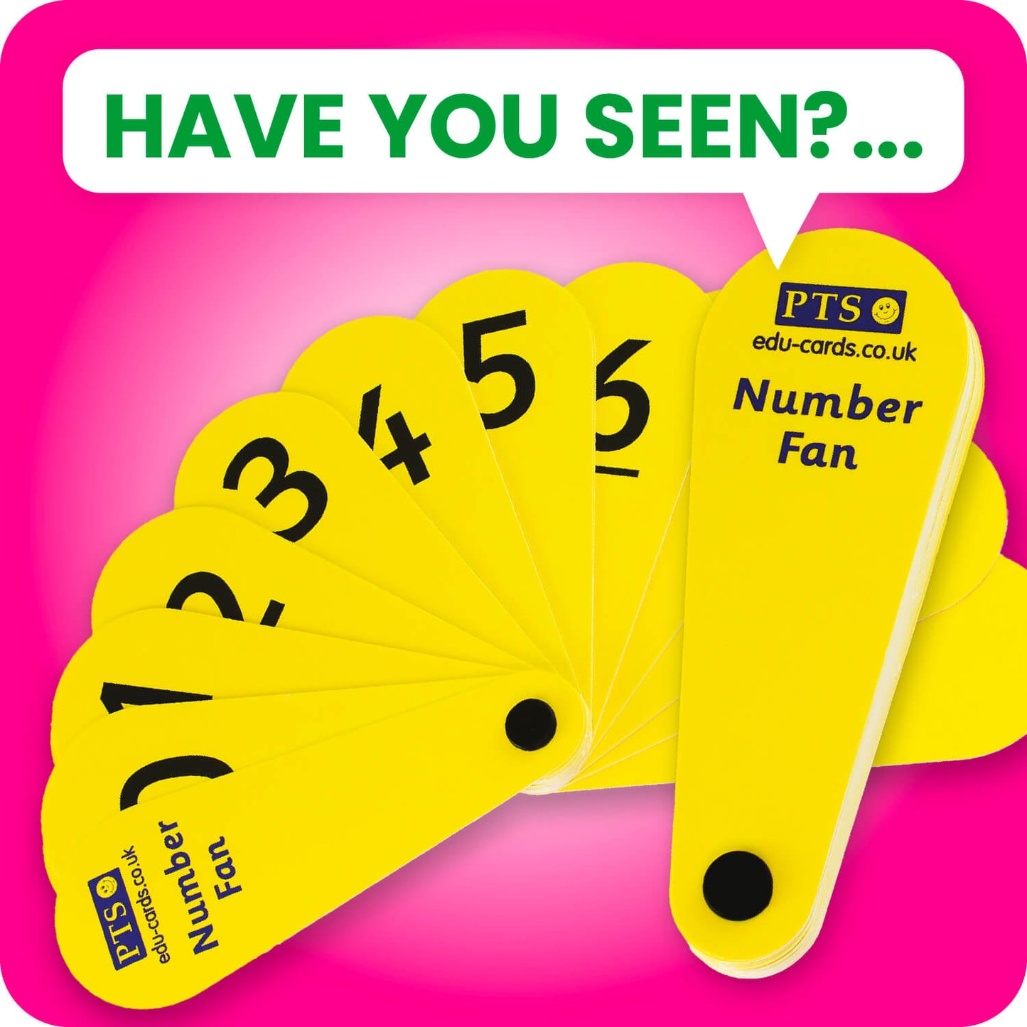 A laminated number fan featuring yellow, petal-shaped cards displaying bold black numerals from 0 to 9, including a decimal point; all cards are connected at the base with a black rivet, allowing them to fan out for easy number selection; designed as a hands-on tool to support number recognition, place value, and decimal understanding in early maths education
