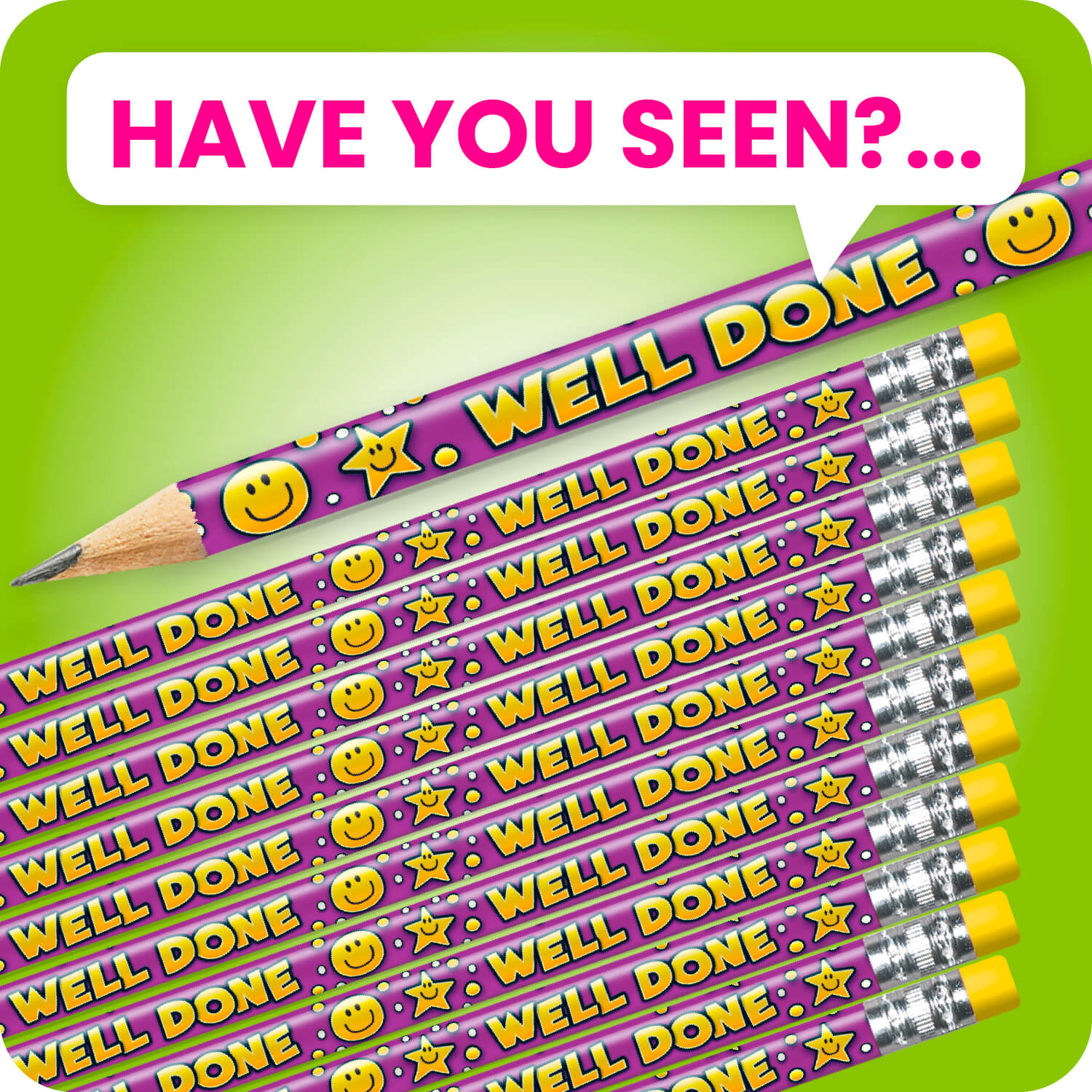 Set of 12 pre-sharpened pencils with erasers, each featuring a purple background with stars and smiling faces, with the wording  'Well Done' in yellow text