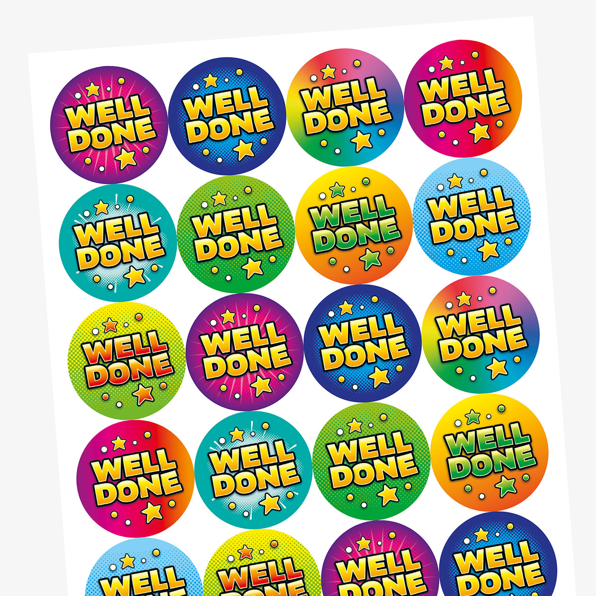 Sheet of colourful circular Well Done reward stickers with bright comic-style star designs for pupils