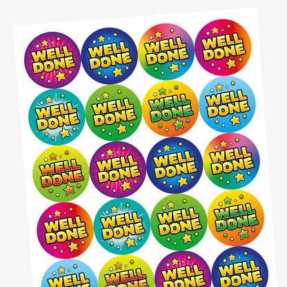 Sheet of colourful circular Well Done reward stickers with bright comic-style star designs for pupils