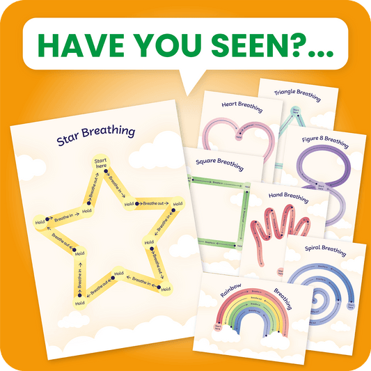 Have you seen?... A collection of breathing exercise cards featuring different shapes and labelled pathways for guided breathing. Designs include Figure 8, Triangle, Square, Star, Heart, Hand, Spiral, and Rainbow Breathing. Each path is colour-coded and marked with instructions such as 'Start here', 'Breathe in', 'Hold', and 'Breathe out', designed to help practise mindful breathing techniques.