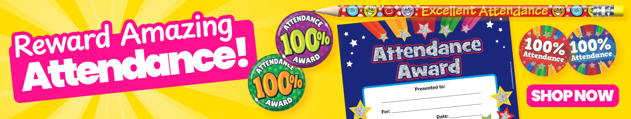 Banner with 'Reward Amazing Attendance!' text and colorful design elements.