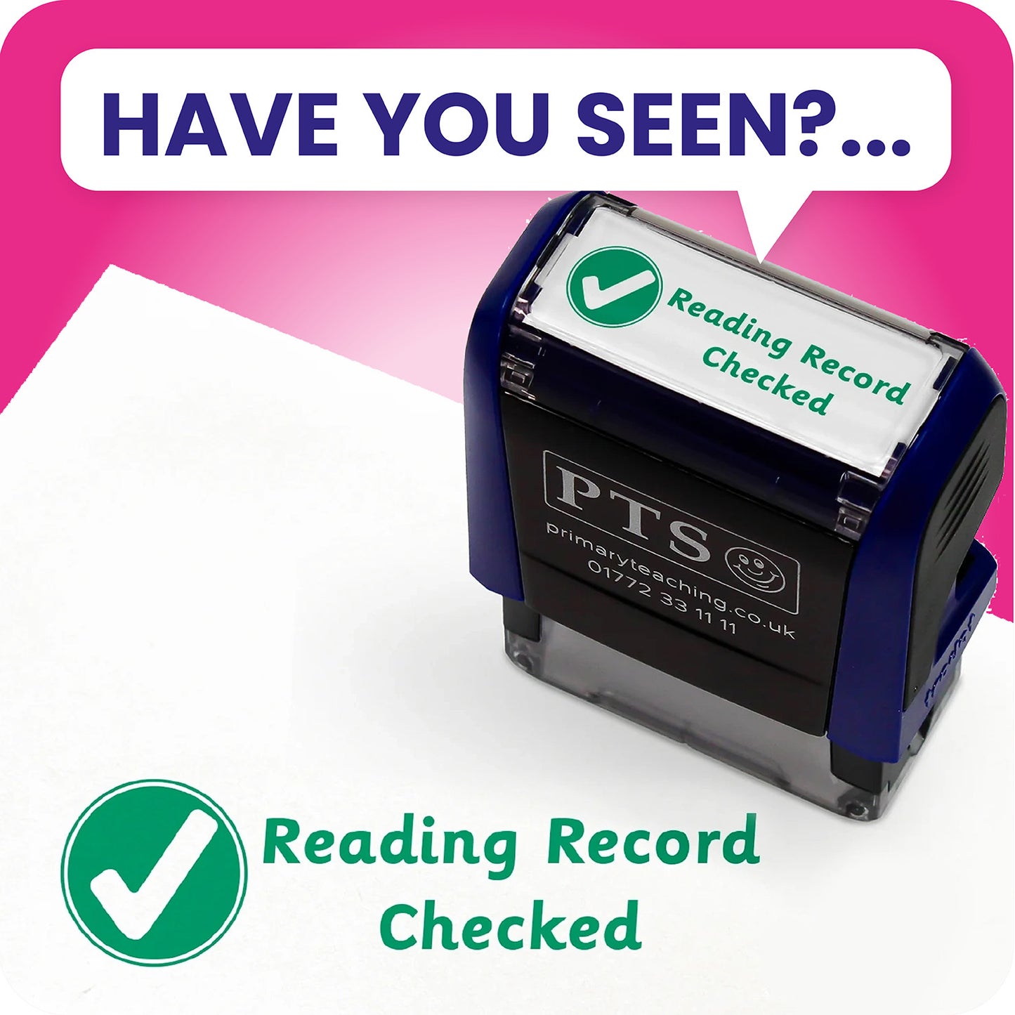 A rectangular pre-inked teacher stamper measuring 38mm x 15mm, featuring a green impression of a white bold tick within a green circle, alongside the phrase 'Reading Record Checked'