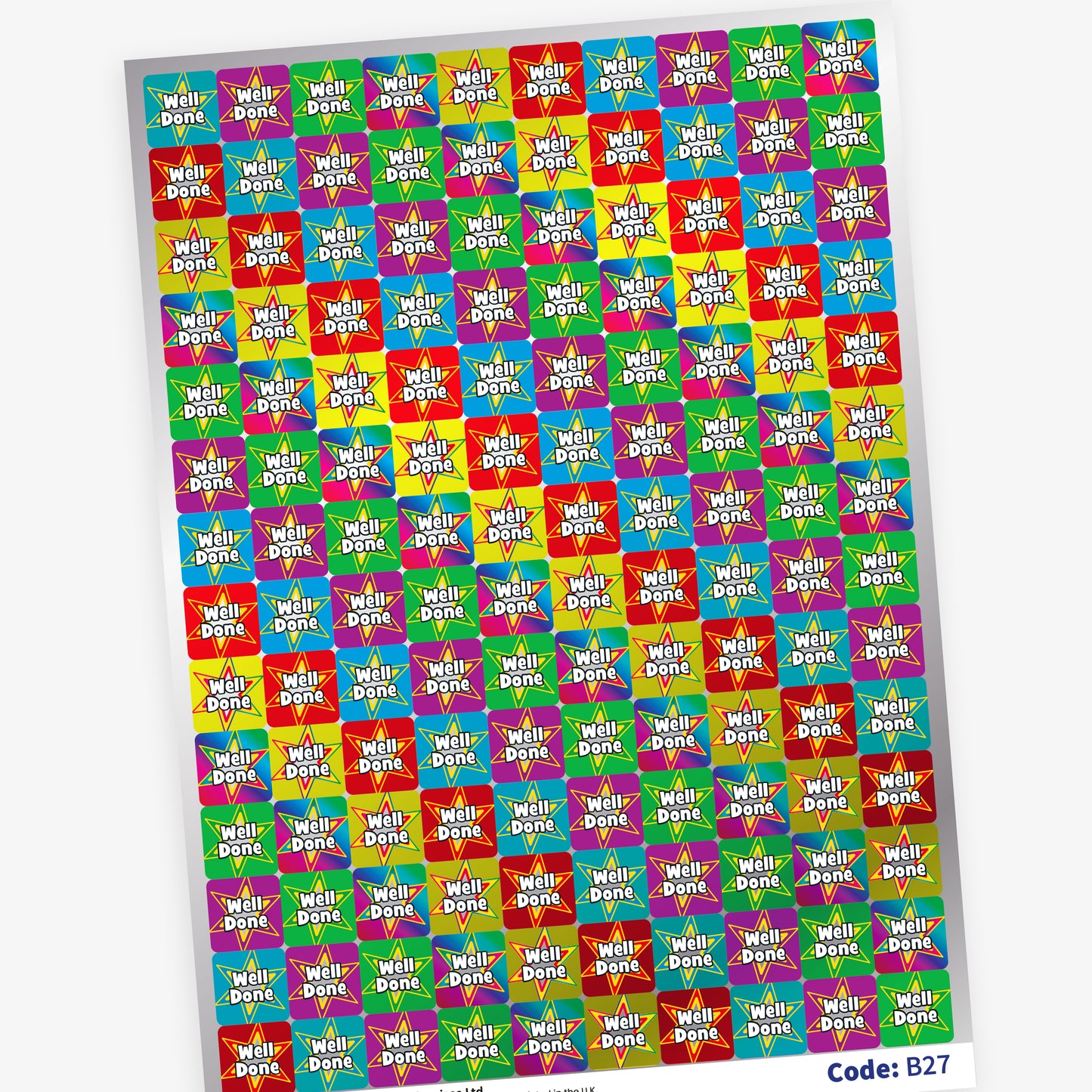 Full sheet of colourful square Well Done reward stickers with bright star designs