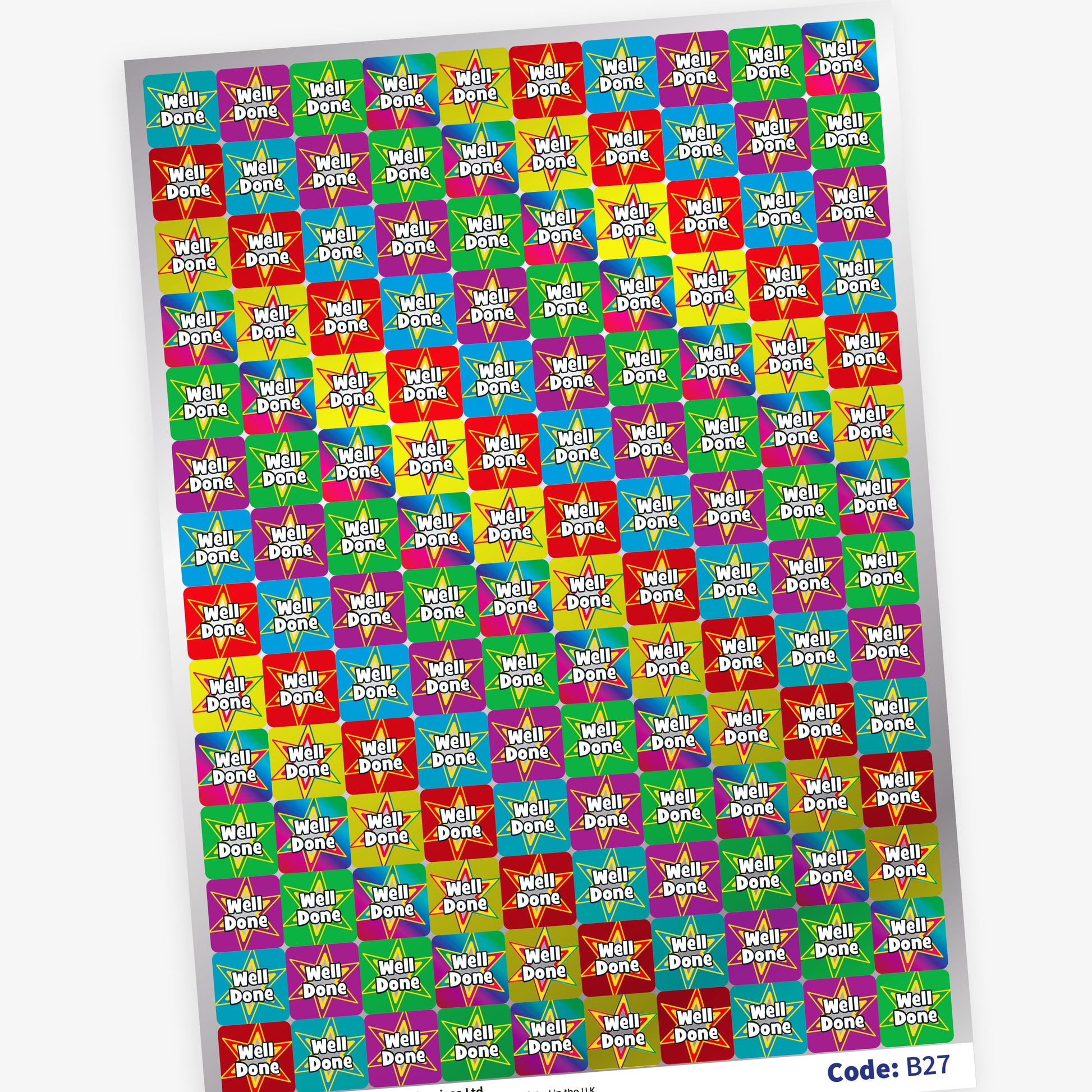 Full sheet of colourful square Well Done reward stickers with bright star designs