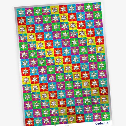 Full sheet of colourful square Well Done reward stickers with bright star designs