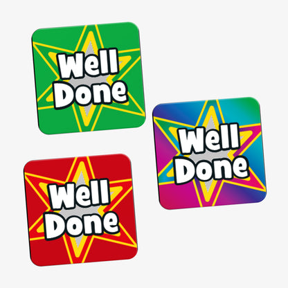 Three colourful square Well Done reward stickers in green, red and multicoloured designs