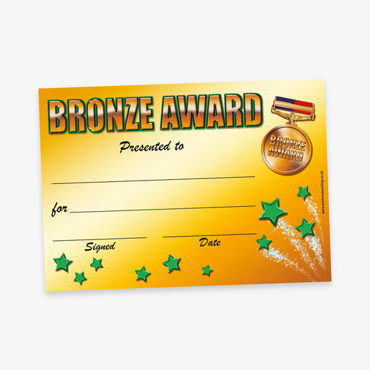 20 Gold, Silver or Bronze Award Medal Certificates - A5