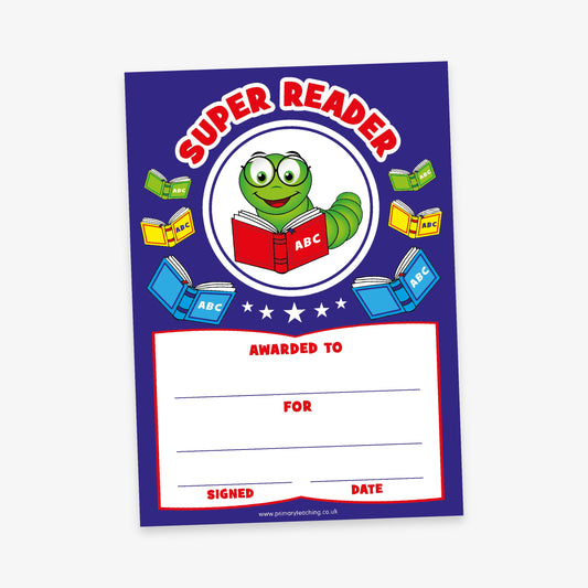 20 Billy Bookworm Super Reader Certificates - A5