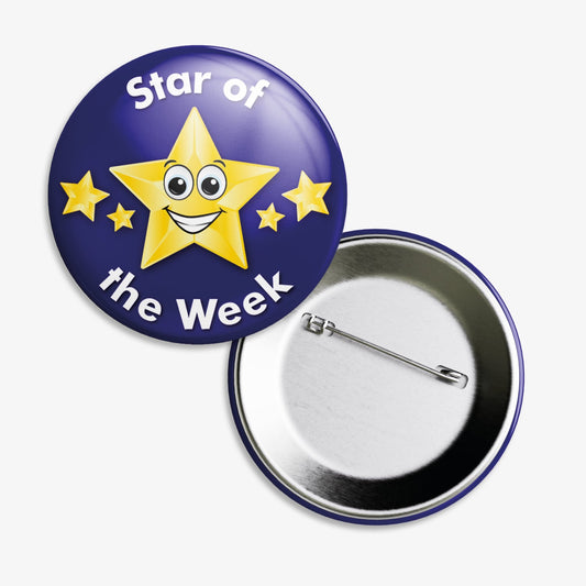 A 38mm circular badge with a dark blue background, featuring a large central yellow star with a smiling face, flanked by two smaller yellow stars, and the white text 'Star of the Week' curved above and below the central star
