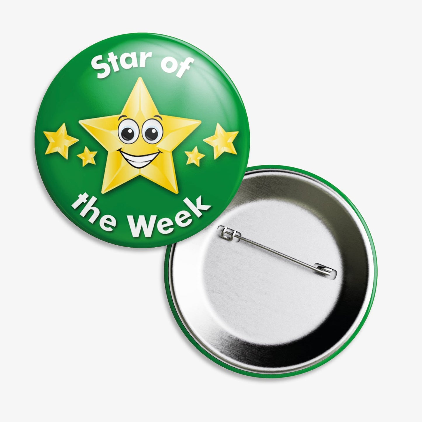 A 38mm circular badge with a green background, featuring a large central yellow star with a smiling face, flanked by two smaller yellow stars, and the white text 'Star of the Week' curved above and below the central star
