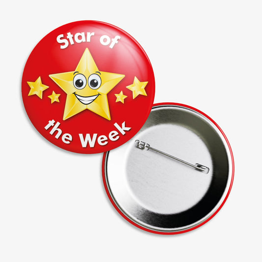 A 38mm circular badge with a red background, featuring a large central yellow star with a smiling face, flanked by two smaller yellow stars, and the white text 'Star of the Week' curved above and below the central star
