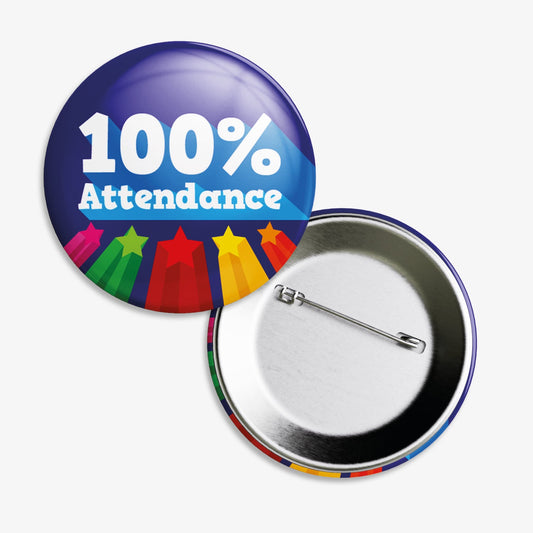 Set of ten 38mm round dark blue badges '100% ATTENDANCE' central to the design and 5 shooting stars below.  The image shows the reverse of the badge to be equipped with a pin fastening.
