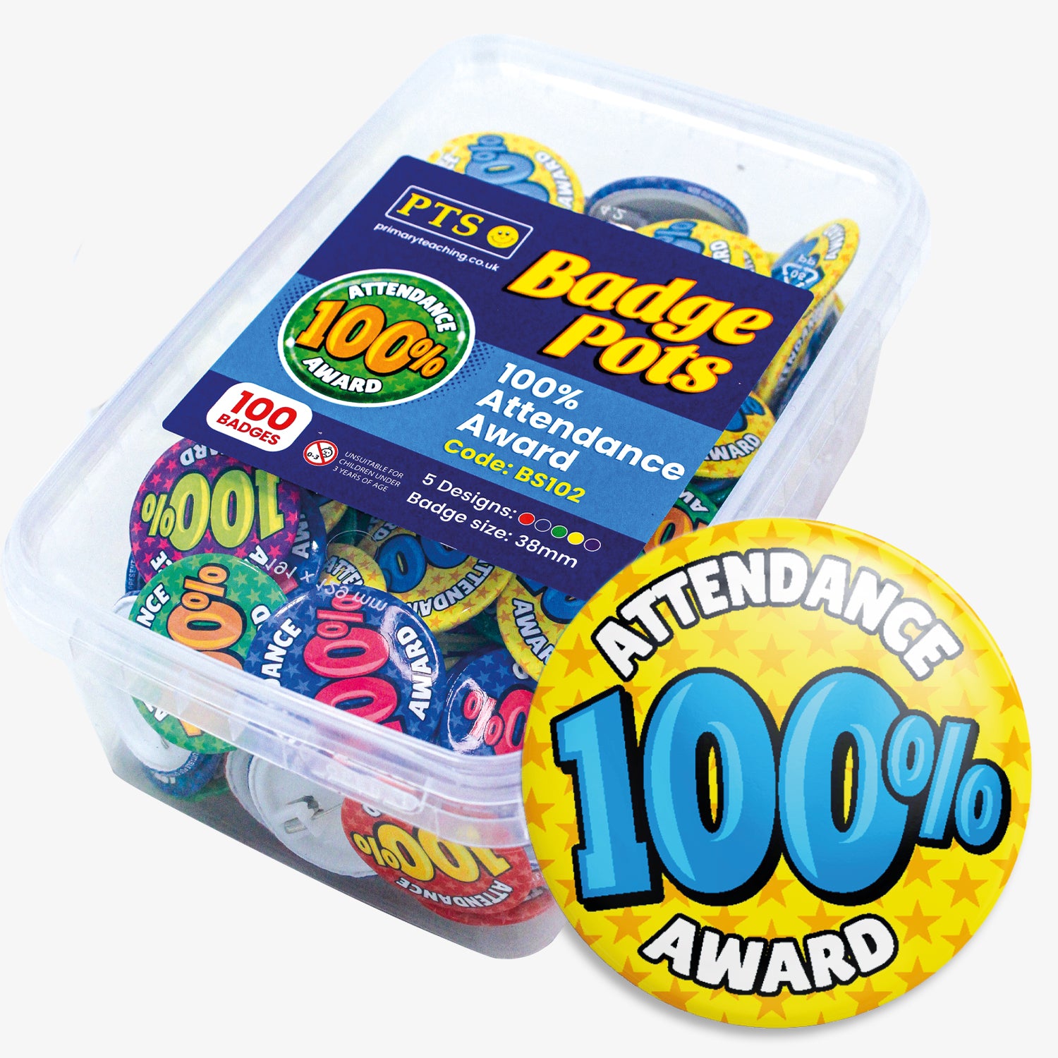 A pot of 40 badges, 38mm in size, for 100% attendance.  1 badge is shown, '100%' in blue letters at the centre of the badge with 'Attendance' above and 'Award' below in white writing. 