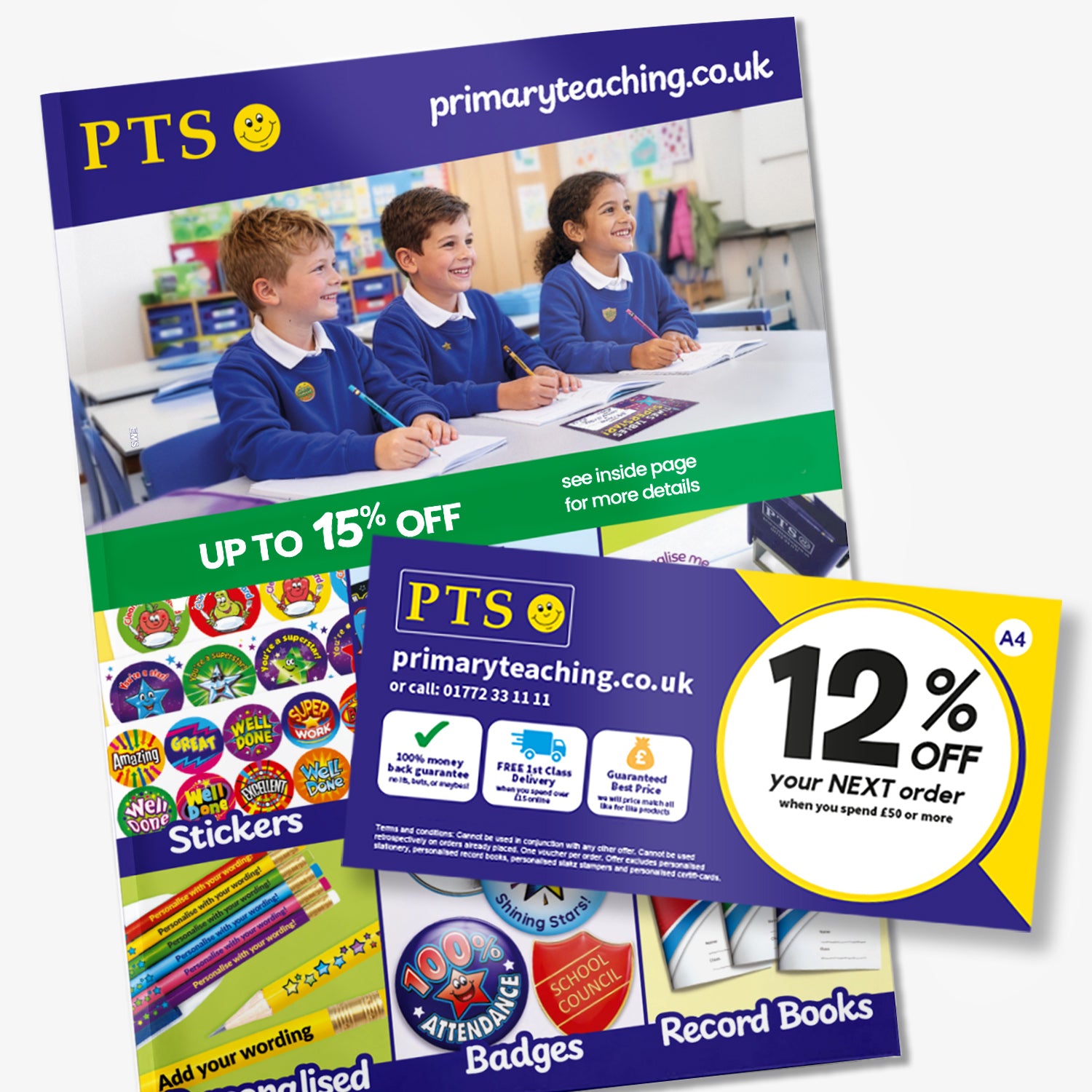 Catalogue cover showing 3 school children and product categories for stickers, certificates, stampers