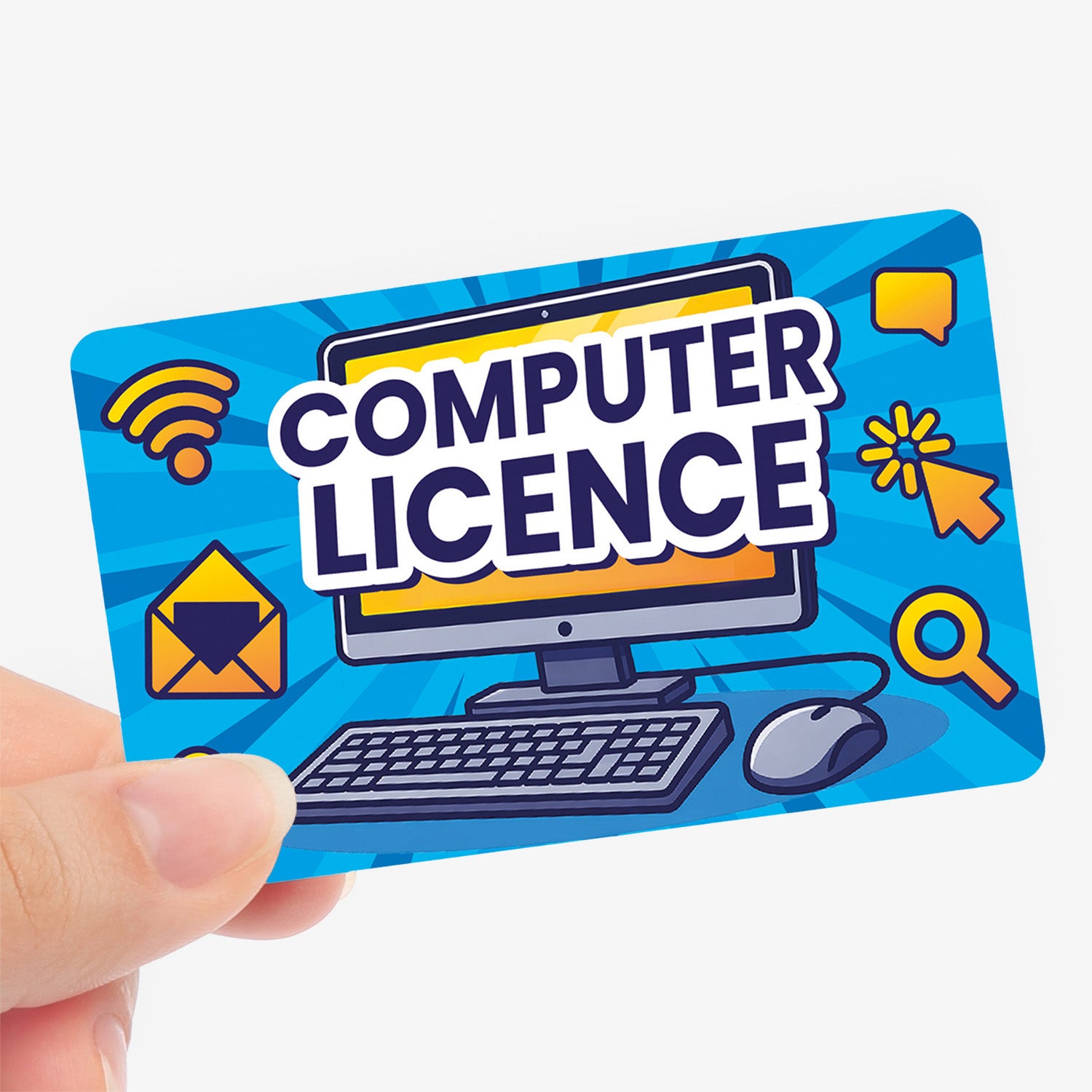 Blue certificard with Computer Licence wording and computer image held between finger and thumb