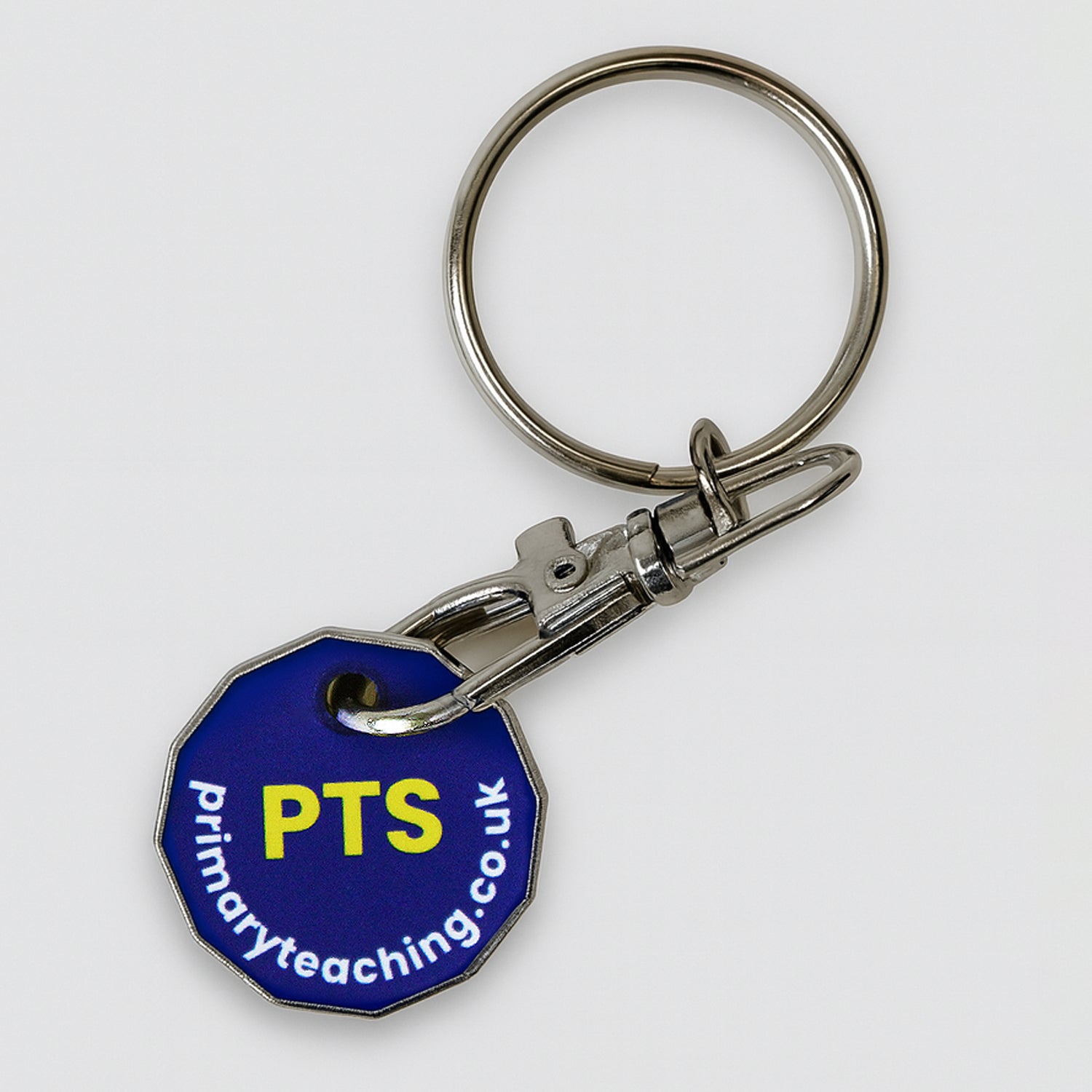 Trolley coin keyring with blue background and yellow 'PTS' logo.
