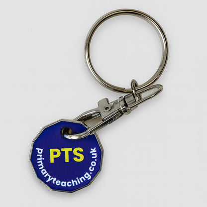 Trolley coin keyring with blue background and yellow 'PTS' logo.