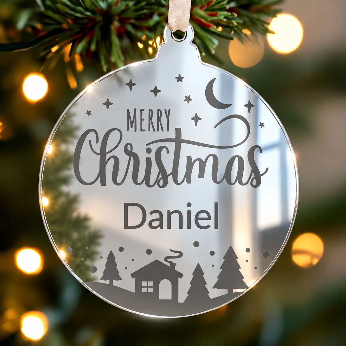 Personalised Merry Christmas mirrored acrylic bauble with winter village design and etched name