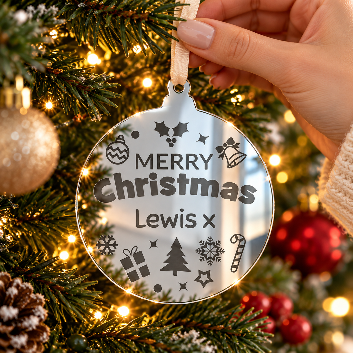 Personalised mirrored Christmas bauble with festive illustrations and custom wording hanging on a tree
