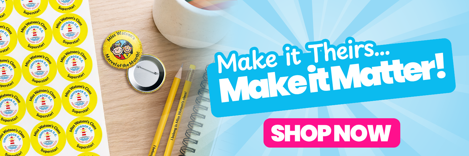 Promotional image with yellow stickers, a notebook, and a cup on a wooden surface, with text 'Make it Theirs.
