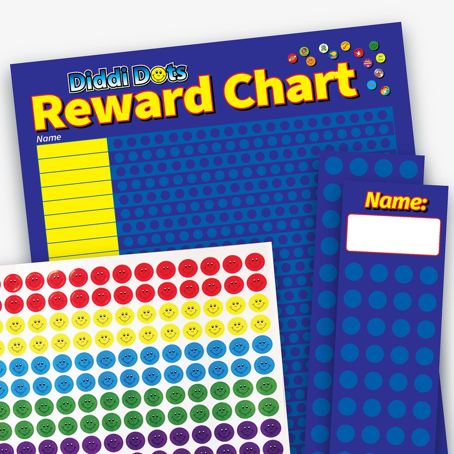 Diddli Dots reward chart with smiley stickers and sticker collector bookmarks.