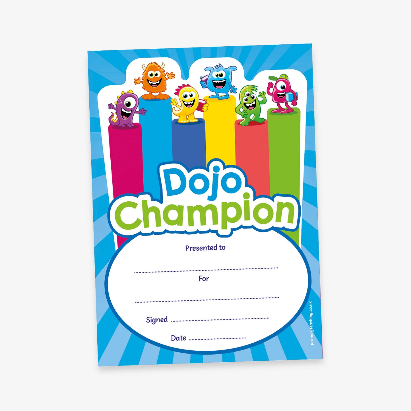 Colorful 'Dojo Champion' certificate with cartoon characters on a blue striped background