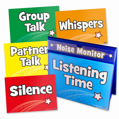 Set of classroom behavior signs with different colored backgrounds and text.