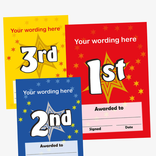 Three award certificates in yellow, red, and blue with '3rd', '1st', and '2nd' text on a white background.