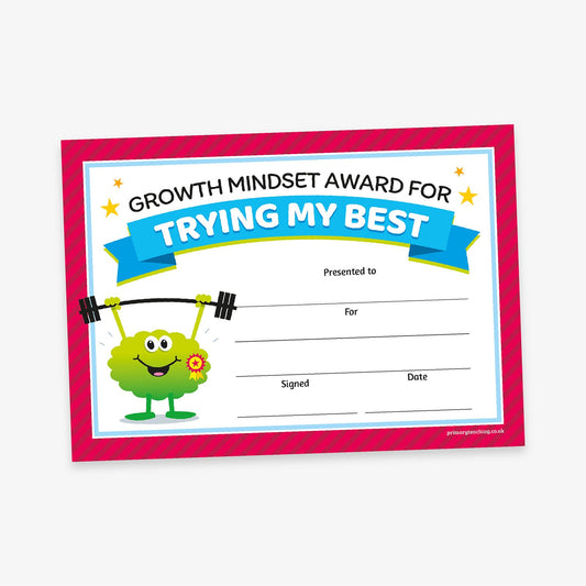 20 Trying My Best Growth Mindset Certificates - A5