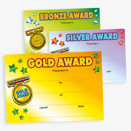 Three award certificates for Gold, Silver, and Bronze awards on a white background.