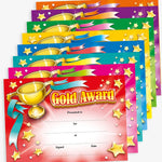 Certificates in various bold colours including cyan, magenta, yellow, green, red and purple, display the title 'Gold Award'. Designated spaces for the recipient's name, reason for the award, where received, date, and signature.  Each certificate has a gold trophy in the top left corner with a ribbon from each handle.  The centre replicates a starburst with stars eminating from it around the borders.