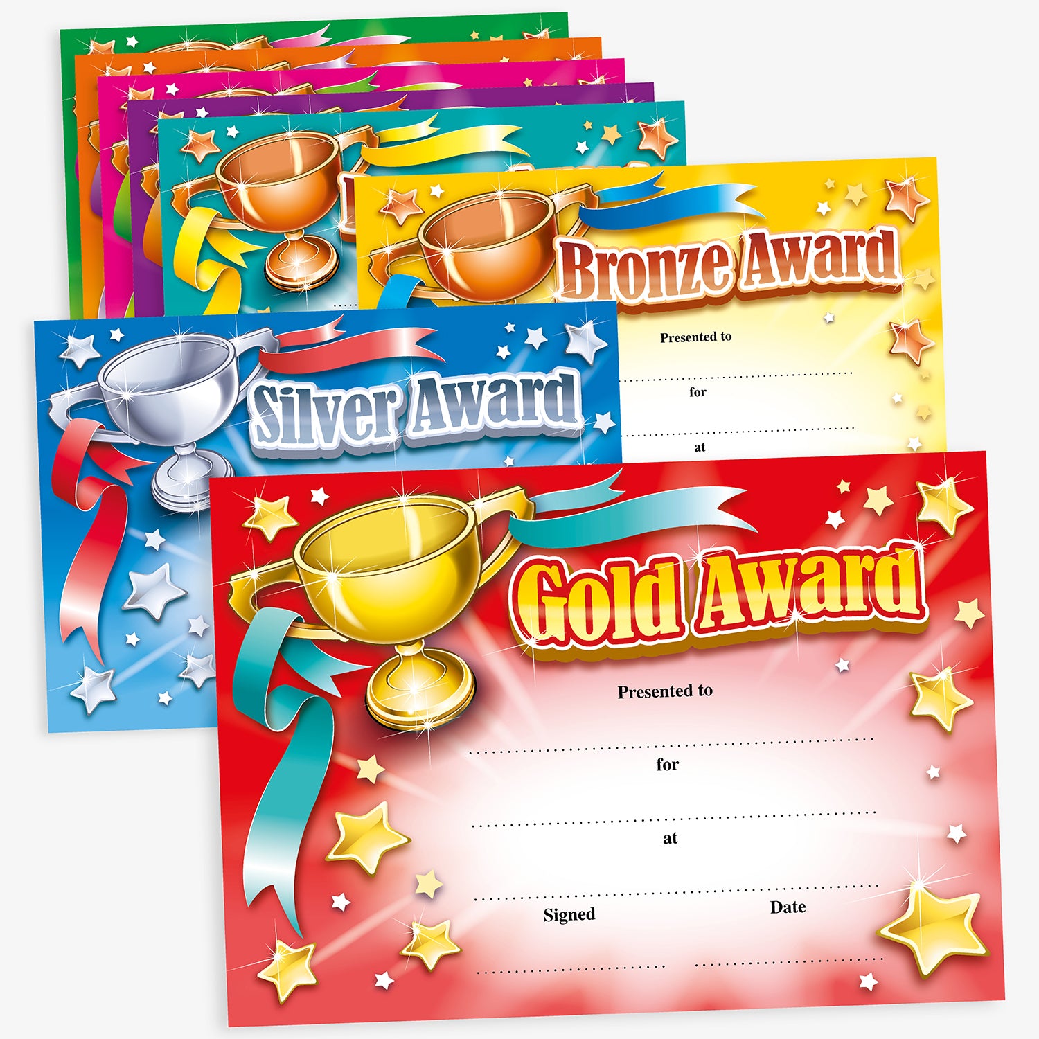 Set of colorful award certificates with gold, silver, and bronze trophies on a white background.