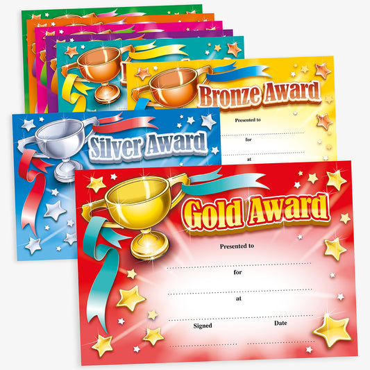 Set of colorful award certificates with gold, silver, and bronze trophies on a white background.