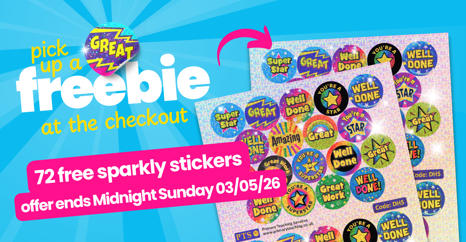 Promotional image for free sparkling stickers with a blue background and colourful text.