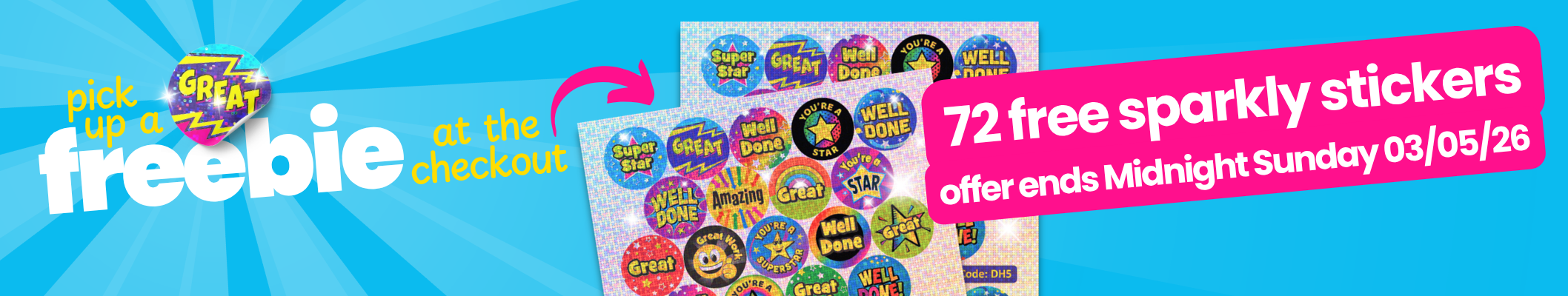 Promotional banner for free sparkling stickers offer with cartoon characters and colourful design.