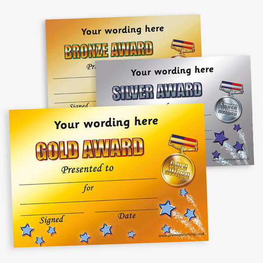 Three award certificates with gold, silver, and bronze text and graphics on a white background.