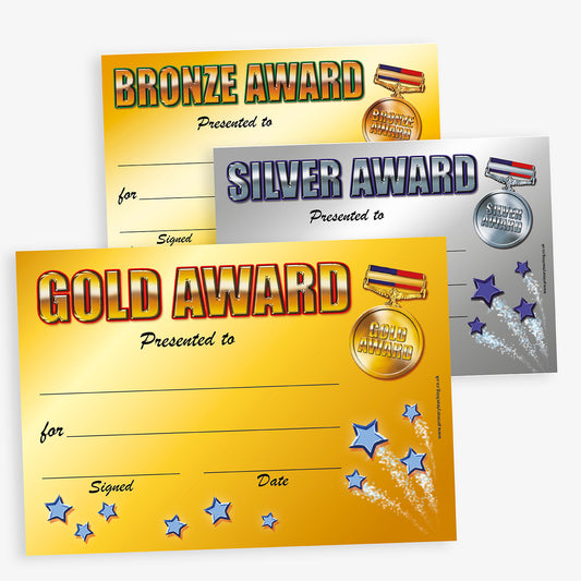 Three award certificates for Gold, Silver, and Bronze awards on a white background.